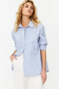 TRENDYOLMİLLA Navy Blue Striped Oversized Wide Pattern Weaving Shirt - Image 2