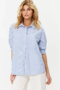 TRENDYOLMİLLA Navy Blue Striped Oversized Wide Pattern Weaving Shirt - Image 3