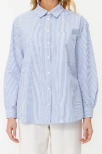 TRENDYOLMİLLA Navy Blue Striped Oversized Wide Pattern Weaving Shirt - Image 4