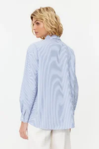TRENDYOLMİLLA Navy Blue Striped Oversized Wide Pattern Weaving Shirt - Image 6