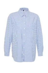 TRENDYOLMİLLA Navy Blue Striped Oversized Wide Pattern Weaving Shirt - Image 7