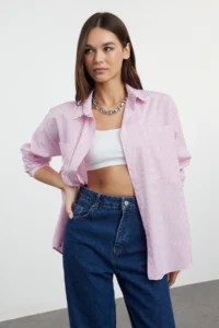 TRENDYOLMİLLA Pink Striped Oversized Weaving Shirt