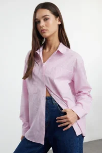 TRENDYOLMİLLA Pink Striped Oversized Weaving Shirt - Image 2