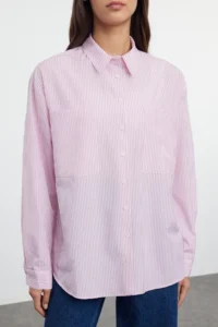 TRENDYOLMİLLA Pink Striped Oversized Weaving Shirt - Image 3