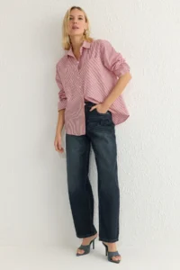 TRENDYOLMİLLA Rejection Striped Oversized Wide Pattern Weaving Shirt - Image 2