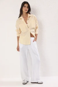 TRENDYOLMİLLA Yellow Striped Oversized Wide Pattern Weaving Shirt