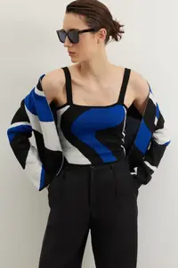 TRENDYOLMİLLA Saks Blue Patterned 2 Sets Blouse-Cardigan Knitwear Cardigan