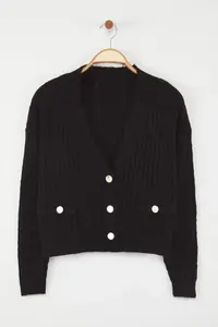 TRENDYOLMİLLA Black*001 Soft textured Plain Knitwear Cardigan - Image 5