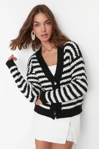 TRENDYOLMİLLA Black Soft textured Striped Knitwear Cardigan - Image 2