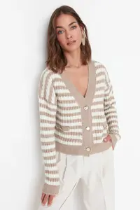 TRENDYOLMİLLA Camel Soft textured Striped Knitwear Cardigan - Image 2