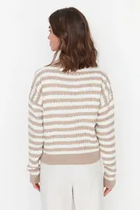 TRENDYOLMİLLA Camel Soft textured Striped Knitwear Cardigan - Image 4