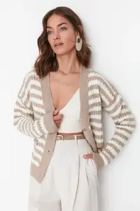TRENDYOLMİLLA Camel Soft textured Striped Knitwear Cardigan - Image 5