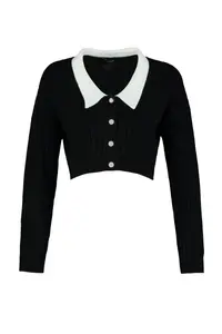 TRENDYOLMİLLA Black Super Crop Shirt Collar Knitwear Cardigan - Image 6