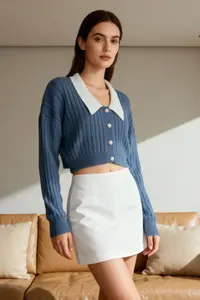 TRENDYOLMİLLA Indigo Super Crop Shirt Garnished Knitwear Cardigan