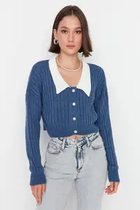 TRENDYOLMİLLA Indigo Super Crop Shirt Garnished Knitwear Cardigan - Image 4