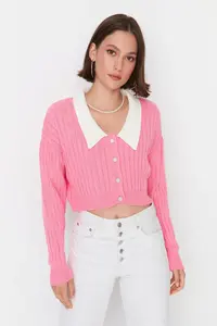 TRENDYOLMİLLA Pink Super Crop Shirt Garnished Knitwear Cardigan - Image 3