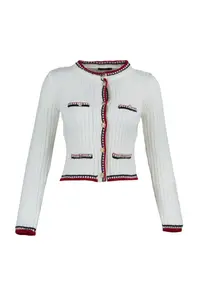 TRENDYOLMİLLA Ecru Crop Color Blocked Jacket Look Knitwear Cardigan - Image 6