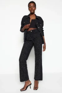 TRENDYOLMİLLA Black Stone High Waist Wide Leg Wide Leg 100% Cotton Non-Stretch jeans - Image 3