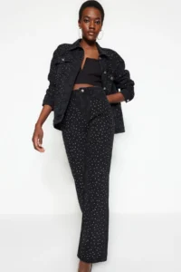 TRENDYOLMİLLA Black Stone High Waist Wide Leg Wide Leg 100% Cotton Non-Stretch jeans - Image 4