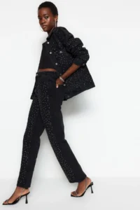 TRENDYOLMİLLA Black Stone High Waist Wide Leg Wide Leg 100% Cotton Non-Stretch jeans - Image 5