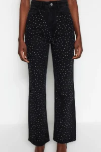 TRENDYOLMİLLA Black Stone High Waist Wide Leg Wide Leg 100% Cotton Non-Stretch jeans - Image 6