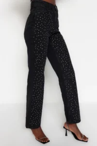 TRENDYOLMİLLA Black Stone High Waist Wide Leg Wide Leg 100% Cotton Non-Stretch jeans - Image 7