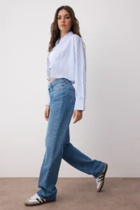 TRENDYOLMİLLA Mavi Low Waist Wide Leg Wide Leg 100% Cotton Non-Stretch jeans - Image 2