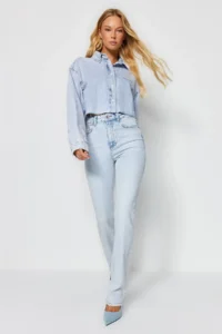 TRENDYOLMİLLA Light Blue More Sustainable High Waist Less Flexible Bootcut jeans