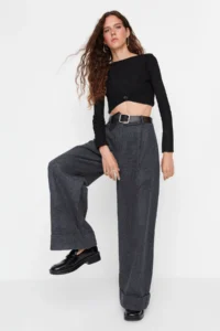 TRENDYOLMİLLA Anthracite Wide Leg/Wide Leg High Waist Weaving Pants - Image 4