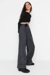 TRENDYOLMİLLA Anthracite Wide Leg/Wide Leg High Waist Weaving Pants - Image 5