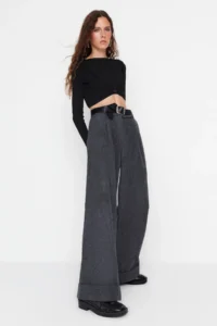 TRENDYOLMİLLA Anthracite Wide Leg/Wide Leg High Waist Weaving Pants - Image 7