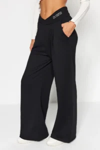 TRENDYOLMİLLA Black Print Detailed Wide Leg/Relaxed Cut Asymmetric Waist Knitting Pants - Image 2