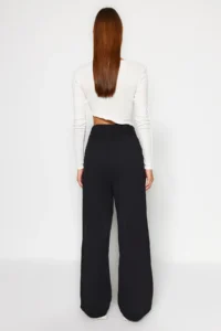 TRENDYOLMİLLA Black Print Detailed Wide Leg/Relaxed Cut Asymmetric Waist Knitting Pants - Image 5