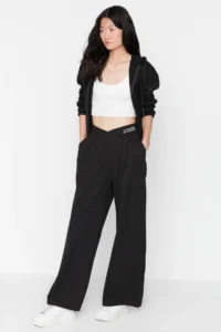 TRENDYOLMİLLA Black Print Detailed Wide Leg/Relaxed Cut Asymmetric Waist Knitting Pants - Image 6