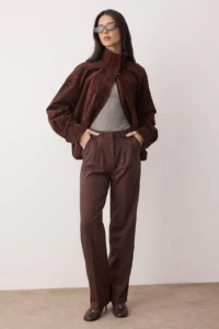 TRENDYOLMİLLA Dark Brown Straight/Plain Kesim Pilili Weaving Dress Pants