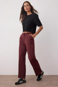TRENDYOLMİLLA Burgundy Straight/Plain Kesim Pilili Weaving Dress Pants - Image 3