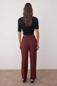 TRENDYOLMİLLA Burgundy Straight/Plain Kesim Pilili Weaving Dress Pants - Image 5