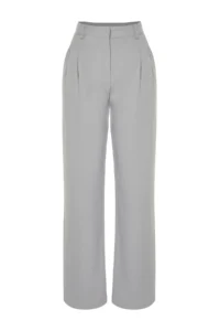 TRENDYOLMİLLA Gray Straight/Plain Kesim Pilili Weaving Pants - Image 13