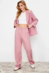 TRENDYOLMİLLA Light Pink Straight/Plain Kesim Weaving Dress Pants - Image 2