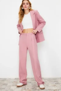 TRENDYOLMİLLA Light Pink Straight/Plain Kesim Weaving Dress Pants - Image 3