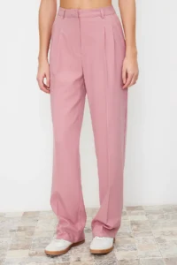 TRENDYOLMİLLA Light Pink Straight/Plain Kesim Weaving Dress Pants - Image 6