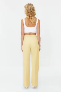 TRENDYOLMİLLA Yellow Straight/Plain Kesim Pilili Weaving Dress Pants - Image 6