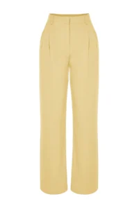 TRENDYOLMİLLA Yellow Straight/Plain Kesim Pilili Weaving Dress Pants - Image 7