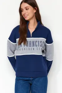 TRENDYOLMİLLA Navy Blue Basic Printed Thick Knitting Sweatshirt with Fleece Inside