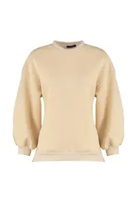 TRENDYOLMİLLA Beige Oversized/Wide Pattern Slit Detailed Thick Fleece Inside Knitting Sweatshirt - Image 10