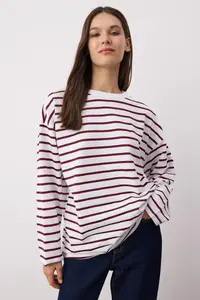 TRENDYOLMİLLA Ecru Striped Oversized/Wide Cut Crew Neck Thin Knitting Sweatshirt - Image 2