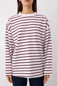 TRENDYOLMİLLA Ecru Striped Oversized/Wide Cut Crew Neck Thin Knitting Sweatshirt - Image 3