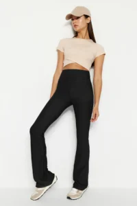TRENDYOLMİLLA Black Ribbed flared leg Yoga Knitting Sports Leggings - Image 2