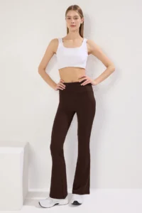 TRENDYOLMİLLA Dark Brown Ribbed flared leg Yoga Knitting Sports Leggings - Image 2