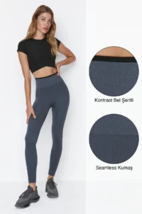 TRENDYOLMİLLA Anthracite seamless/Seamless Contrast Color Detailed Full Size Knitting Sports Leggings